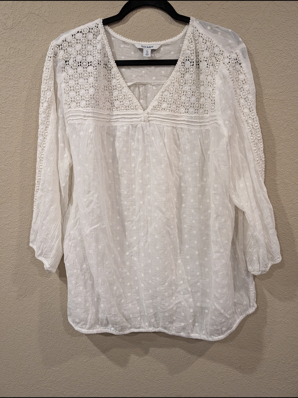 Old Navy White Lace Yoke Swiss Dot Peasant Blouse Cotton Boho - Picture 1 of 6